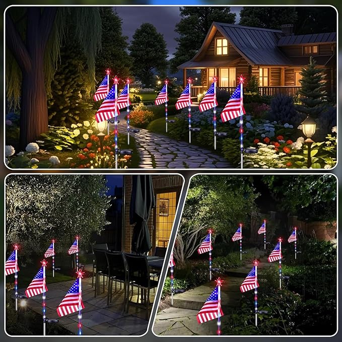 4th of July Decorations Outdoor Solar Lights, 10 Pack Red White and Blue American Flag Star Lights for National Day, Waterproof Patriotic Light for Independence Day 250th Anniversary Garden Yard Path