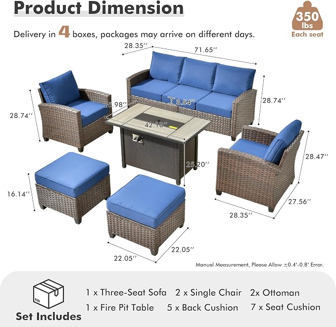 ovios 6 Pieces Patio Furniture Set, Outdoor Wicker Sofa Couch with 42" Fire Pit Table Comfy Cushions, All Weather Brown Rattan Conversation Set for Backyard Deck, Navy Blue