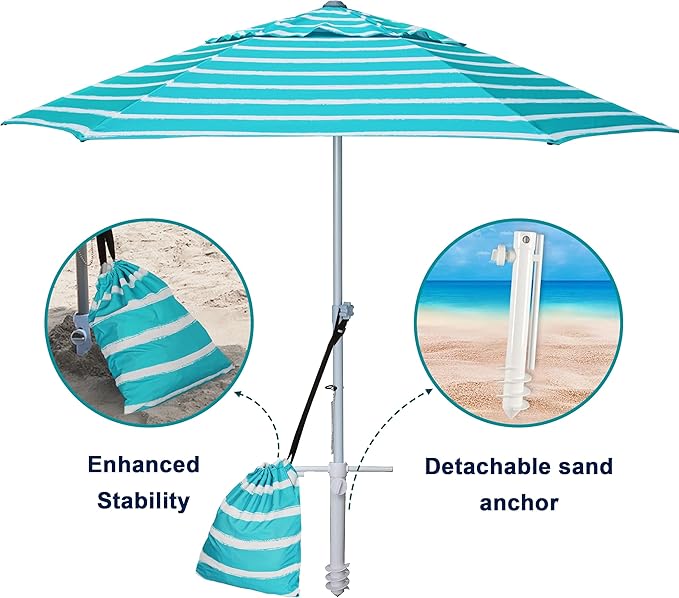 AMMSUN 8ft Large Beach Umbrellas for Sand Heavy Huty Wind Portable Commercial Grade Patio Beach Umbrella with Sand Anchor Adjustable Height Air Vent UPF 50+ Telescoping Pole without Tilt Teal White