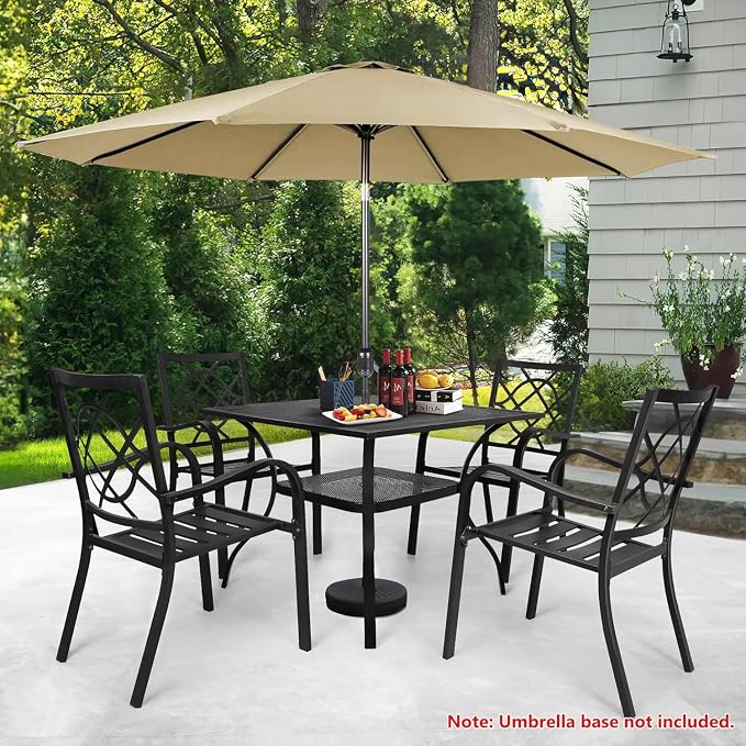 5 Piece Outdoor Patio Dining Set with Umbrella, Metal Patio Furniture Set Outdoor Square Slatted Dining Table with 9 FT Patio Umbrella, 4 Stackable Chairs for Backyard, Garden
