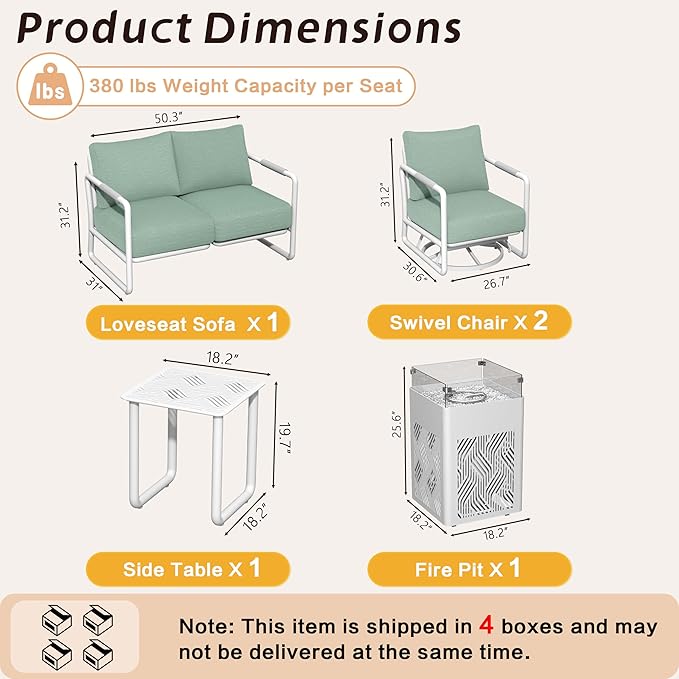 MBY Outdoor Aluminum Patio Furniture Set, 4-Seats Patio Conversation Sofa Set with 2 Swivel Rocking Chairs and 45,000 BTU Fire Pit Table w/Glass Wind Guard, All Weather for Pool, Garden-White