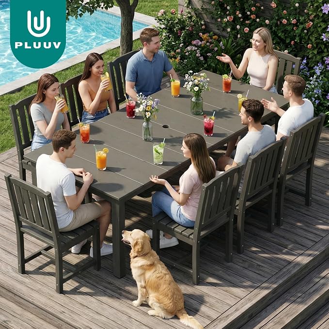 PLUUV Outdoor Dining Set for 8 Person, HDPE Large Table with Aluminum Legs and 8 Armless Chairs, All-Weather Patio Dining Furniture Set with Umbrella Hole for Backyard, Garden, Grey