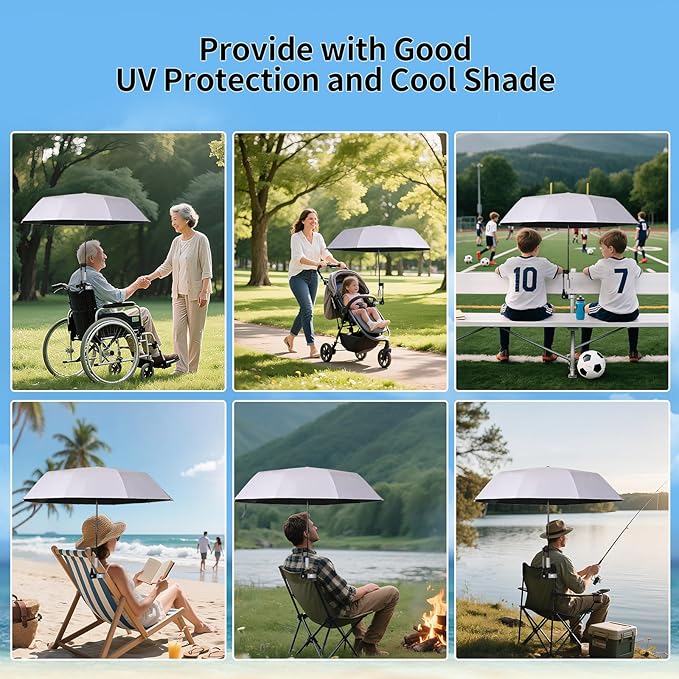 Beach Chair Umbrella with 360° Adjustable Clamp, 45in UPF 50+ Portable Folding Sun Shade for Outdoor Camping Wheelchair,Travel, Stroller, Patio, Golf Carts Plant Shade(Chair Not Included)