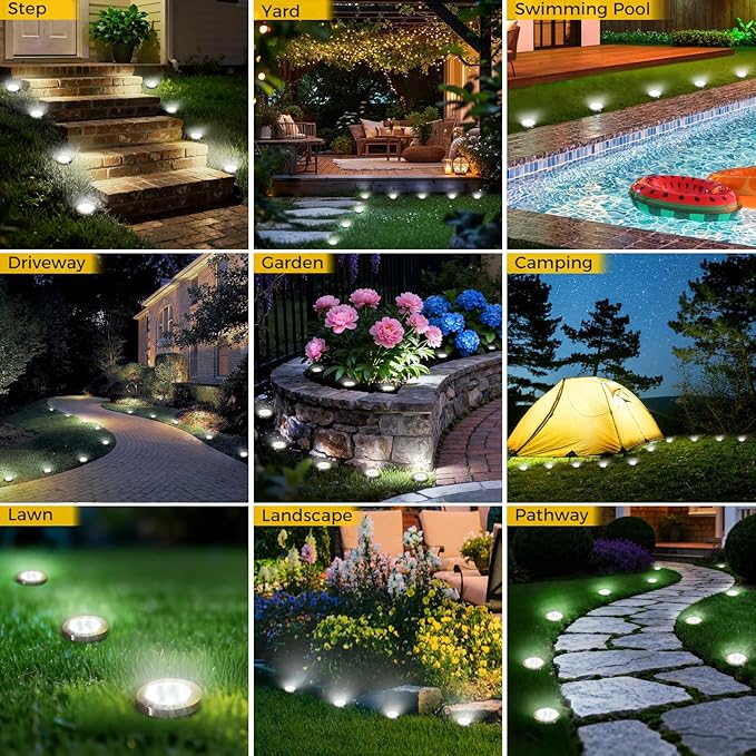 20 Pack Solar Ground Lights Outdoor, 8 LED Mini Flat Solar Disk Lights, IP65 Waterproof Anti-Rust Disc Light, Landscape Lighting for Garden Pathway Yard Walkway Driveway Lawn,Cool White