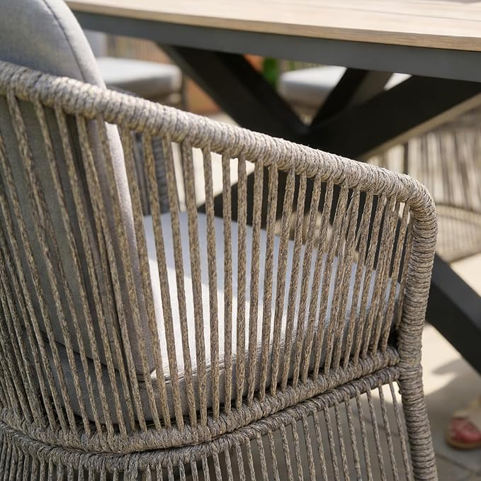 SUNSITT 7 Piece Outdoor Patio Dining Set, Patio Dining Furniture Set with 87” Aluminum Dining Table w/X Base Legs and 6 Woven Wicker Outdoor Patio Chairs w/Curved Armrest for Garden, Dark Grey