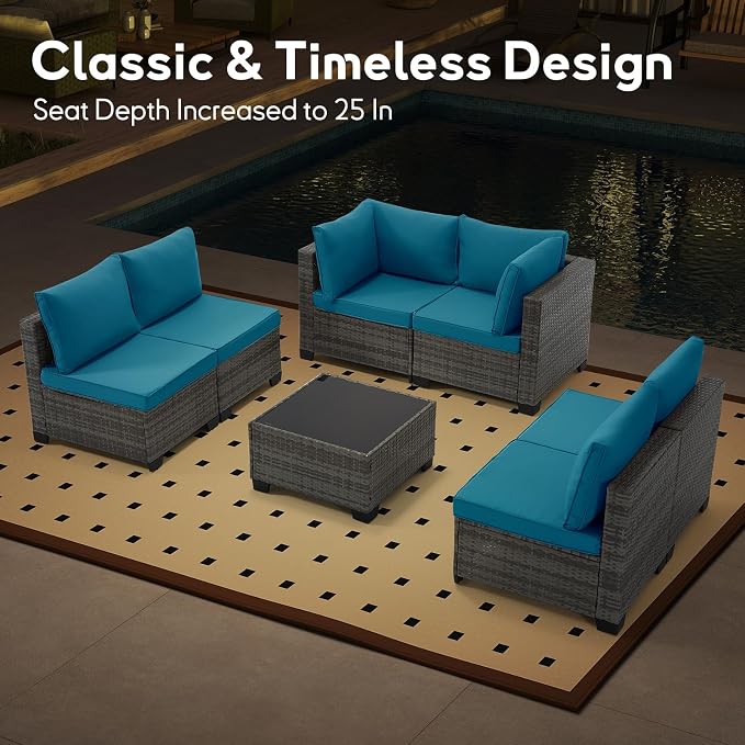 Bonzy Home 7 Pieces Outdoor Patio Furniture Set, PE Rattan Outdoor Sectional Furniture Sofa Set with Removable Cover and Glass Coffee Table, Patio Sofa for Balcony, Porch, Garden, (Grey-Turk Blue)