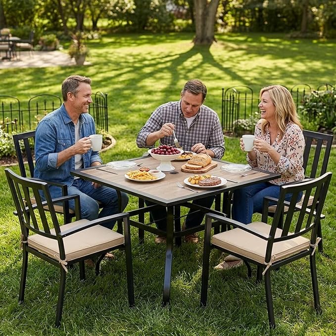 Kozyard 37" Square Outdoor Dining Table for 4, Patio Table with Umbrella Hole, Heavy Duty Steel Frame & Wood-Look Top, Weather Resistant Patio Table for Backyard, Balcony, Garden Black
