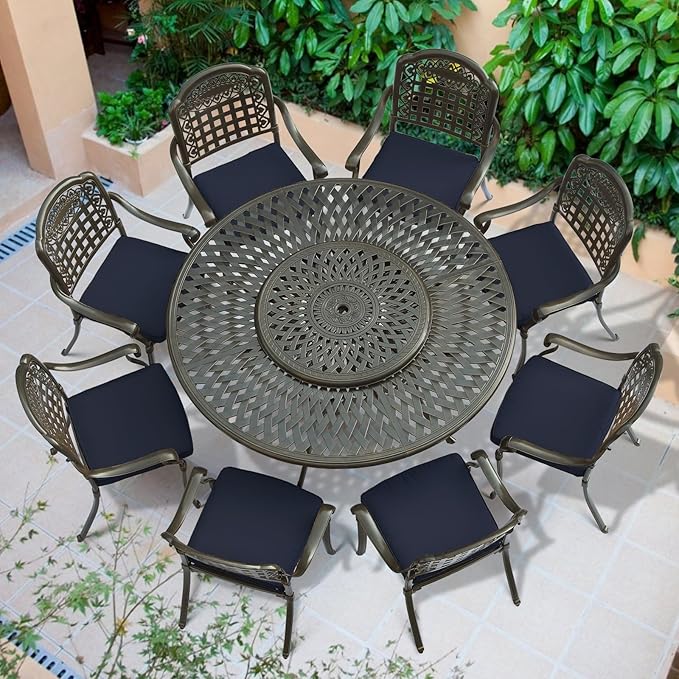 VIVIJASON 9-Piece Outdoor Furniture Dining Set, Rust-Free Cast Aluminum Patio Conversation Set, Include 8 Cushioned Chairs & 61" Round Dining Table with 31" Lazy Susan, Umbrella Hole, Navy Blue