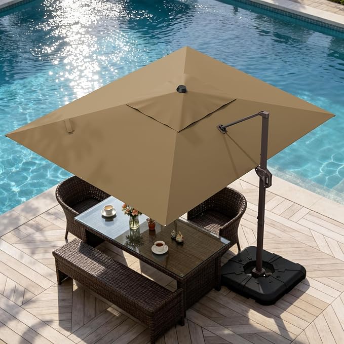 9' X 12' Cantilever Patio Umbrella Rectangle Outdoor Umbrella, 6-Level Tilt & 360° Rotation Offset Umbrella for Garden, Deck, Pool (Brown)