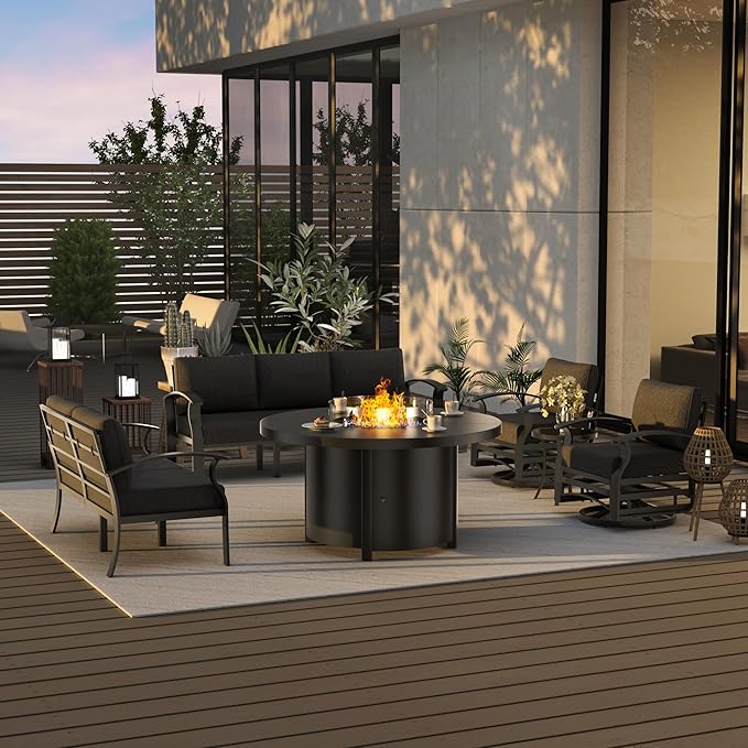ALAULM Aluminum Patio Furniture Set with 40,000 BTU Round Propane Fire Pit Table 7-seat Metal Outdoor Furniture w/ 2 Swivel Chairs Patio Sectional Sofas for Patio, Lawn, Poolside(Black