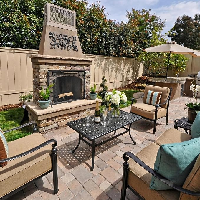VIVIJASON Cast Aluminum Outdoor Coffee Table, 42 x 24 Inch Rectangular Patio Conversation Table with Lattice Top, Rust-Resistant All-Weather Center Table for Deck, Backyard, Porch, Antique Bronze
