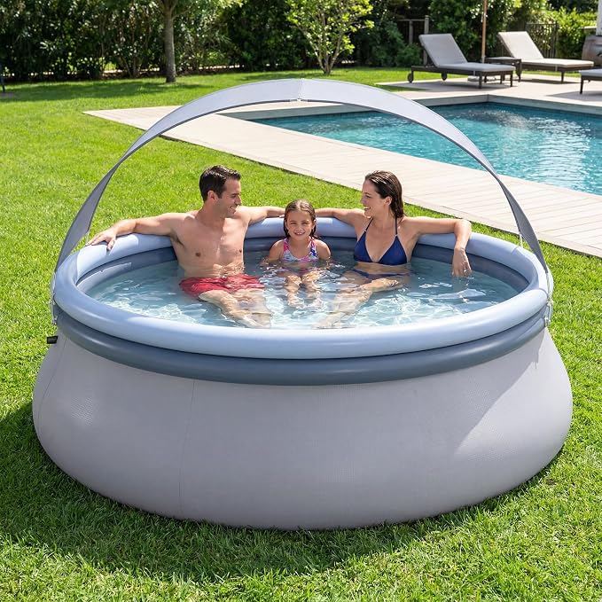 Goplus Inflatable Pool with Canopy, Large Round Above Ground Swimming Pool w/ 2 Air Chambers, Repair Patch, Top Ring Blow Up Pools for Backyard, Lawn, Garden (94.5” x 55.5”)
