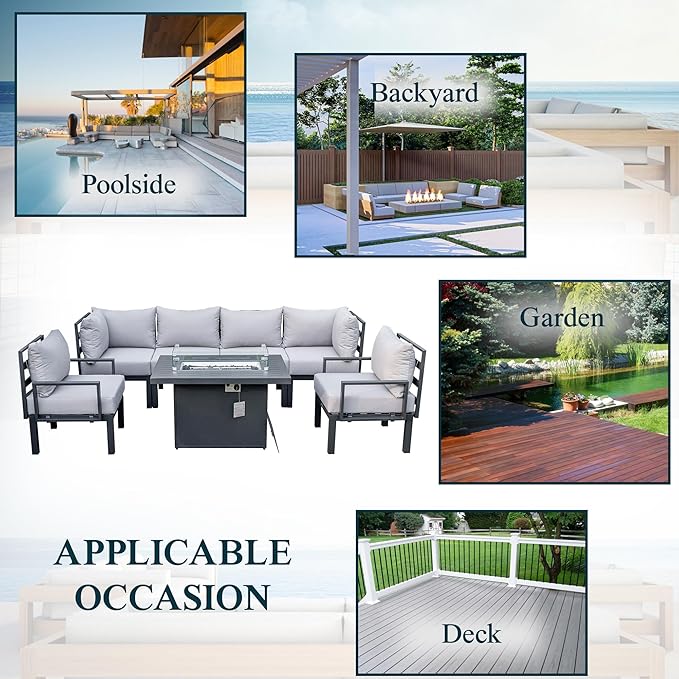 LeisureMod 7-Piece Outdoor Patio Conversation Set with Aluminum Sectional & Cushions, Propane Fire Pit Table with Black Stones, Wind Glass & Lid, Light Grey