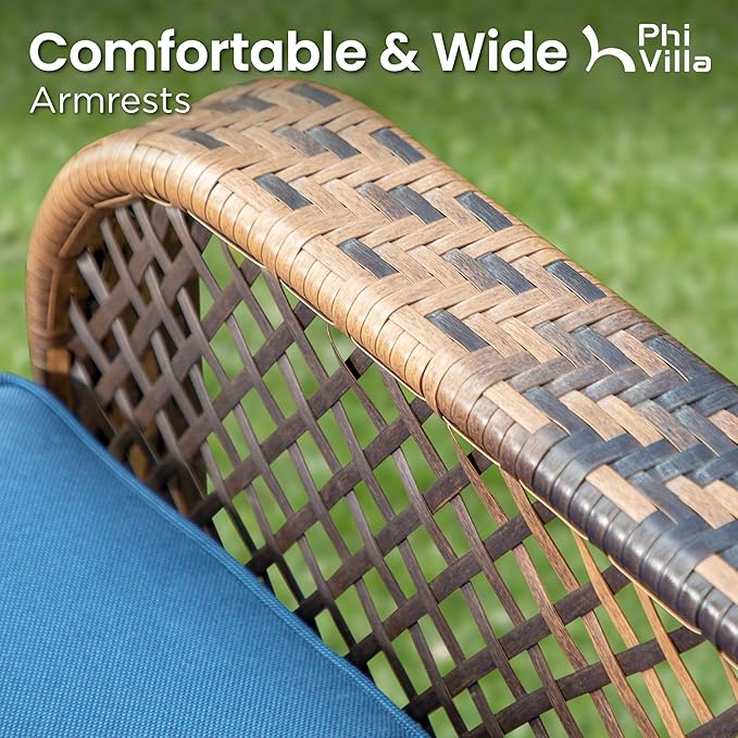 PHI VILLA Oversized Outdoor Wicker Patio Furniture Set 3 Piece, 2 Rattan Swivel Rocker Patio Chairs Large Oversized Deep Seating Group with Navy Blue Cushions & Side Table