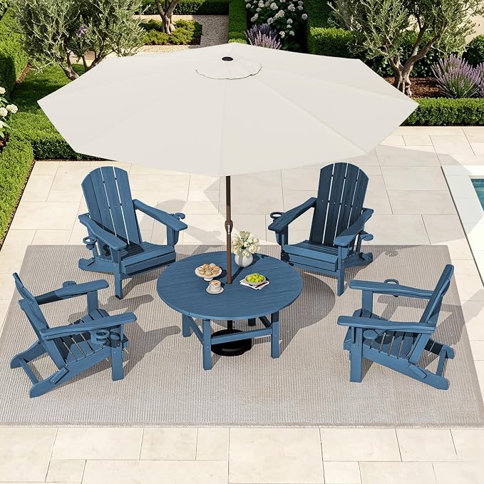 SERWALL 35.5'' Outdoor Round Table with Umbrella Hole, HDPE Weatherproof Coffee Table, Blue