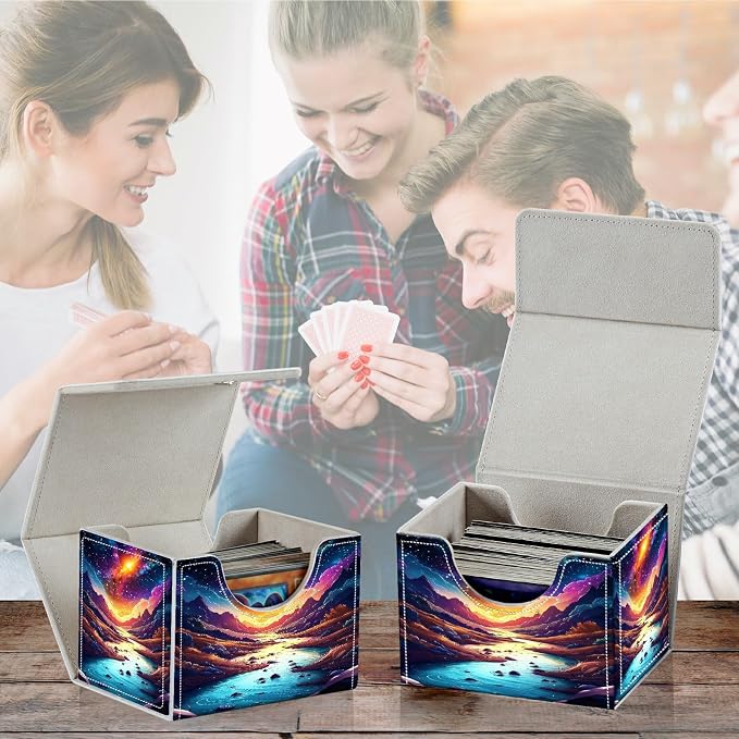 Card Deck Box for MTG, Cards Storage Box Fits 120+ Sleeved, Leather Small Size Strong Magnetic Closing Card Case for Board Games Magic TCG CCG Baseball Collection, Mountains Rivers