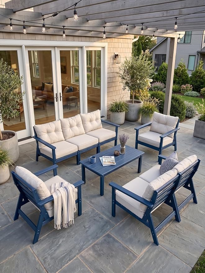 HDPE Patio Conversation Set 7 Seats, Outdoor Furniture Set, Patio Sofa Set | Water-Resistant Thick Cushion, HDPE All Weather, Wood-Grain, No Rot or Rust or Crack, UV Fade Shield, Easy-Clean for Outside