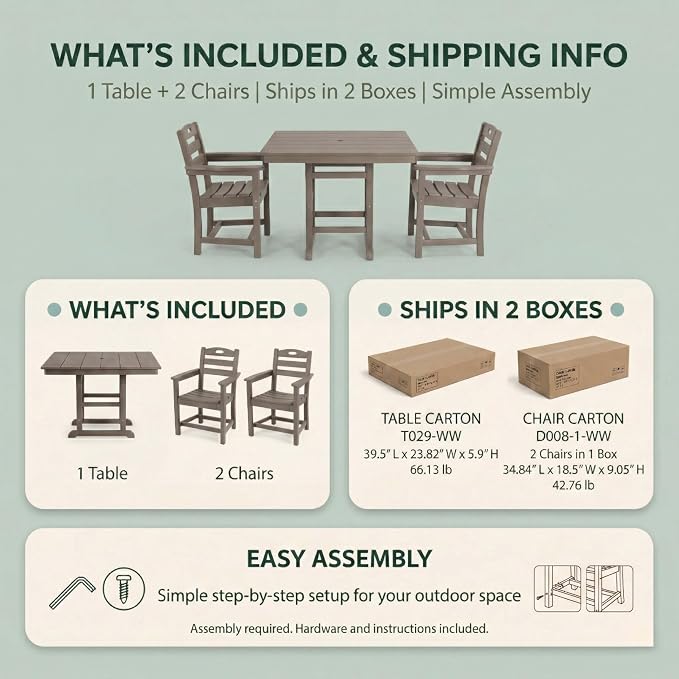 WILLIAMSPACE 37.8" Outdoor Patio Dining Set with 2 Armchairs, All Weather HDPE Square Dining Table with Umbrella Hole, Patio 3-Piece Bistro Set for Backyard, Balcony, Lawn, Kitchen (Brown)