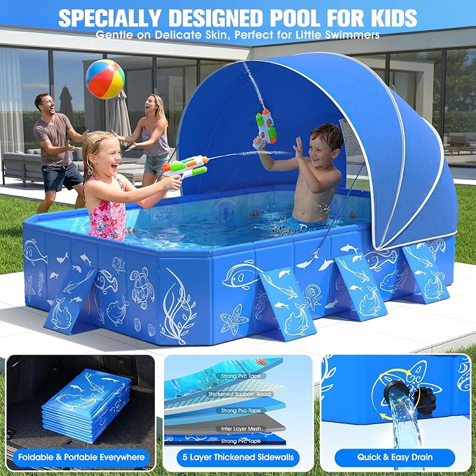 FizZeal Kiddie Pool with Canopy,Baby Swimming Pool for Toddler,Non-Inflatable Portable Pool for Kid,Foldable Toddler Pool with Shade,Kids Pool for Backyard.Outdoor Pop Up Kiddie Beach Pool 51"x38"x31'