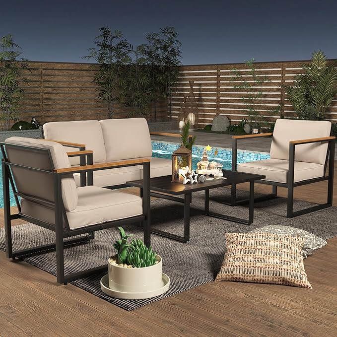 Outdoor Patio Furniture Sets of 4, Metal Patio Conversation Sets with Coffee Table, Outside Seating Furniture with Loveseat, 2 Chairs and Thick Cushions for Porch, Apartments, Deck, Bistro, Garden