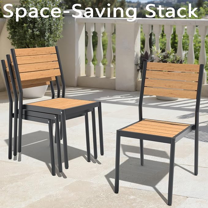 11-Piece Outdoor Dining Set for 10 Person with Teak Wood-Grain Top | Armless Stackable Chairs with 19.4" Seat Depth, Aluminum Frame Dining Furniture with Umbrella Hole for Deck, Porch & Backyard