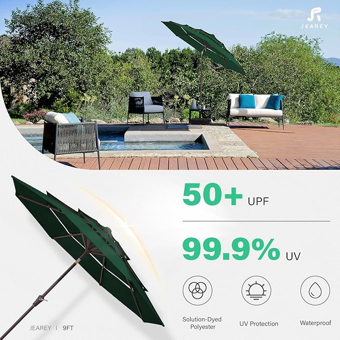 JEAREY 9FT 3 Tier Patio Umbrella Outdoor Market Umbrella Table Umbrellas with 8 Ribs 1.5 Pole Push Button Tilt and Crank UV Protection for Garden,Dark Green