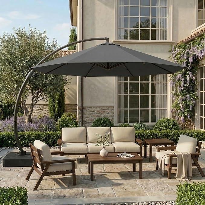12 FT Cantilever Umbrella with Base Included, Large Round 360° Rotation Offset Umbrella Outdoor Patio, Heavy Duty Aluminum Frame, Sand-Weighted Stand, for Deck, Backyard, Pool, Garden (Grey)