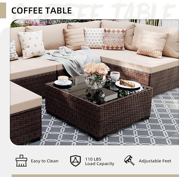 UPHA 9 Pieces Patio Furniture Sets, Wicker Outdoor Sectional Sofa Couch with Rectangle Propane Pit for Deck Backyard Garden, Brown Rattan, Beige Cushion