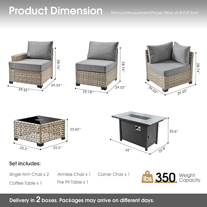 Outdoor Sectional Patio Furniture Set with Fire Pit,7 Pieces Rattan Conversation Sets,Out Door L Shaped Furniture with Glowing Coffee Table,Dark Grey
