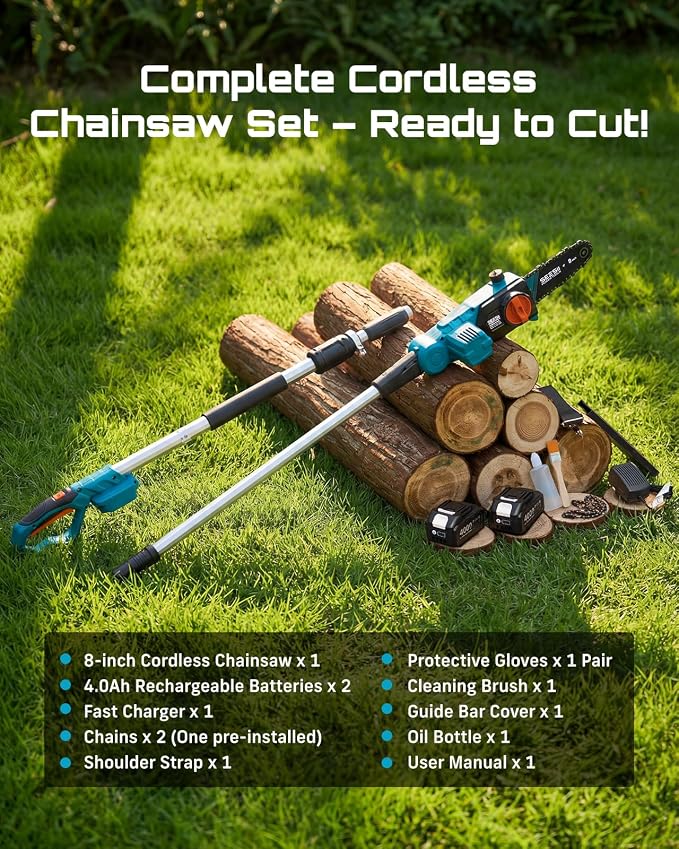 SEESII 8-Inch Electric Pole Saws: 21V Cordless Pole Saws for Tree Trimming, 15-Foot Max Reach, Auto Oiling, Tree Trimmer with 2x4000mAh Battery & Fast Charger, Tree Saw Ideal for Pruning Branches
