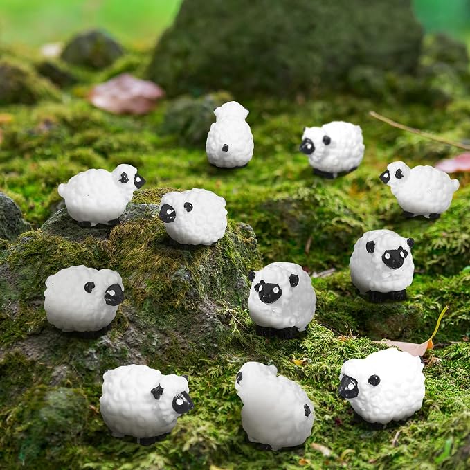 Suzile 50 Pcs Mini Sheep Figurine Miniature Resin Sheep Figurine White Lamb Figure Cute Animal Statue Landscape Little Decor for Spring Summer Outdoor Garden DIY Ornament Cake Topper(Classic Style)