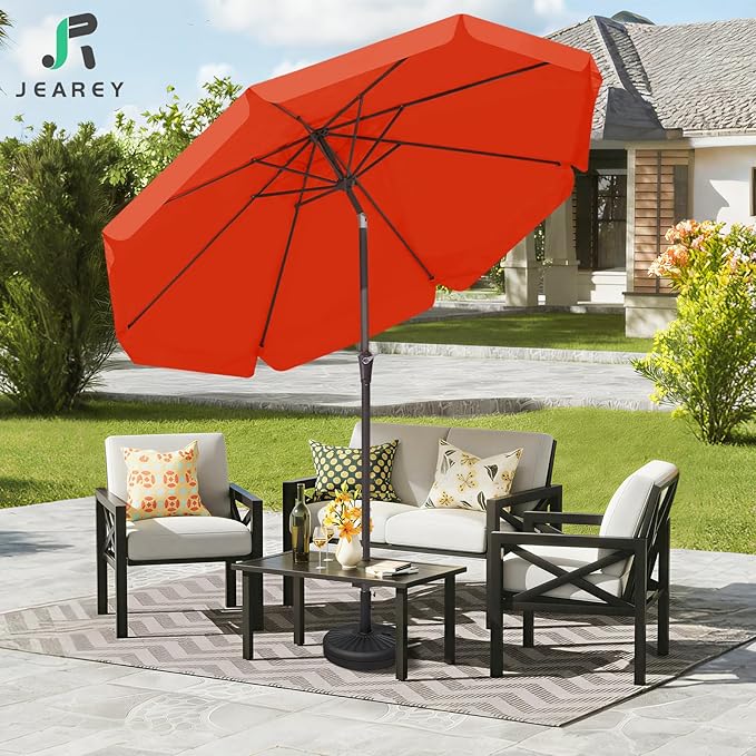 JEAREY 9 FT Patio Umbrella Outdoor, Table Umbrellas Market Umbrella w/Push Button Tilt/Crank, 8 Sturdy Ribs(Orange)