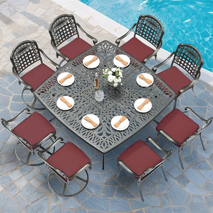 MEETWARM 9-Piece Outdoor Patio Dining Set for 8, All Weather Cast Aluminum Patio Funiture Table and Chairs Set- Large 64" Square Table and 4 Swivel Rocker Chairs, 4 Stationary for Garden, Red
