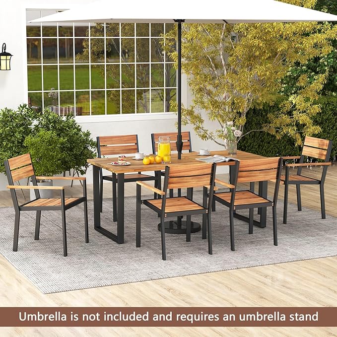 COSTWAY Outdoor Dining Set for 6, 69’’ x 32’’ Acacia Wood & Metal Patio Dining Table with 2'' Umbrella Hole, 6 Stackable Chairs, Ergonomic Armrests, 7 Pieces Dining Set for Backyard, Deck, Patio