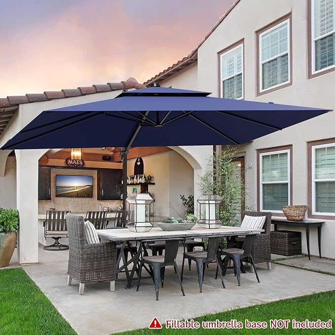 9x12FT Cantilever Patio Umbrella - Heavy Duty Double Layer Offset Design with 360° Rotation, Large Rectangle Sun Shade Umbrella for Garden, Deck, Pool, Backyard, Navy Blue