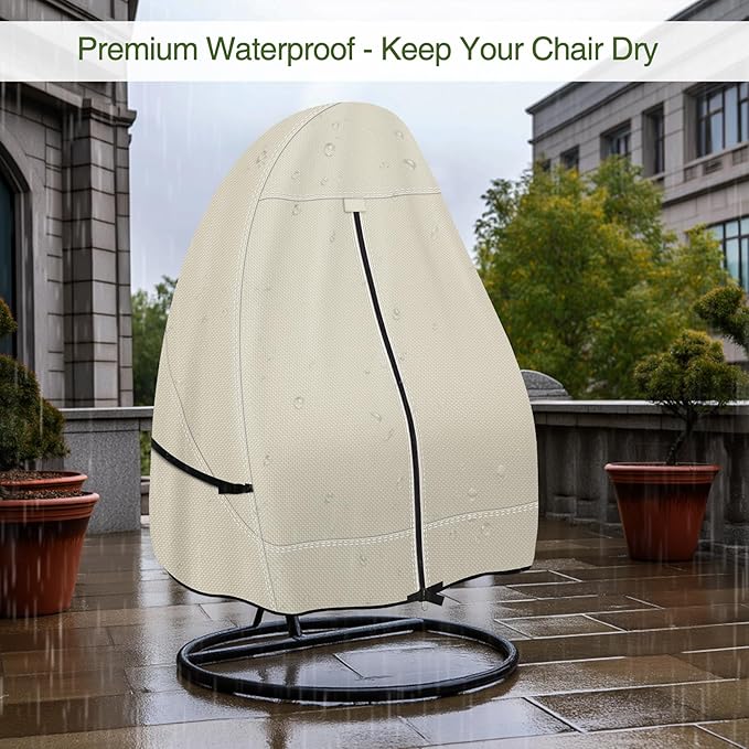 Porch Shield Patio Hanging Egg Chair Cover -600D Waterproof Outdoor Single Seat Wicker Swing Egg Chair with Stand Protector, Beige