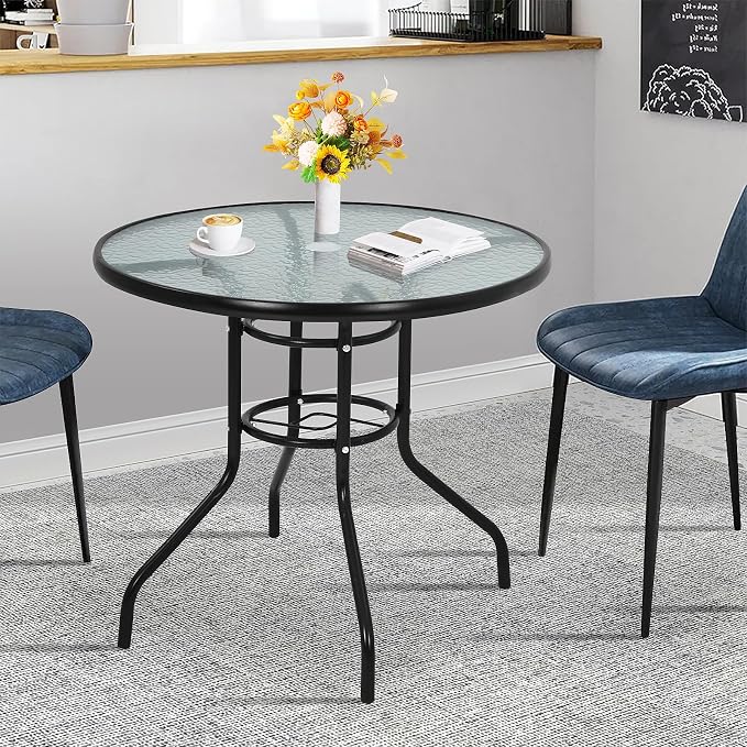 32'' Patio Bistro Table Round Outdoor Coffee Table, Round Tempered Glass Top with Umbrella Hole, Outdoor Dining Table for Balcony Backyard Lawn and Garden, Black