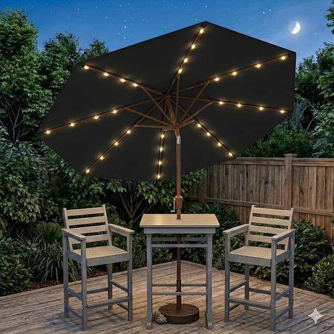 10FT Solar Lighted Patio Umbrella, Outdoor Table Market Umbrellas with Push Button Tilt and Crank, 32 LED Lights, 8 Sturdy Ribs, UV-Resistant for Deck, Garden, Pool
