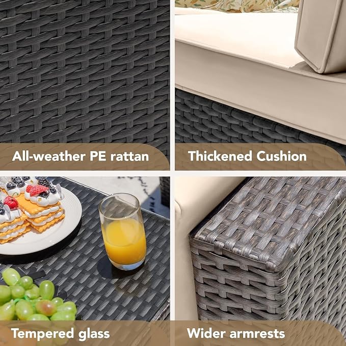6-Piece Outdoor Patio Furniture Set with Manual Weaving Rattan Sectional Sofa, Glass Coffee Table, Cushions Included, Wicker Patio Conversation Set for Garden, Backyard, Porch Lounge Areas(Beige)