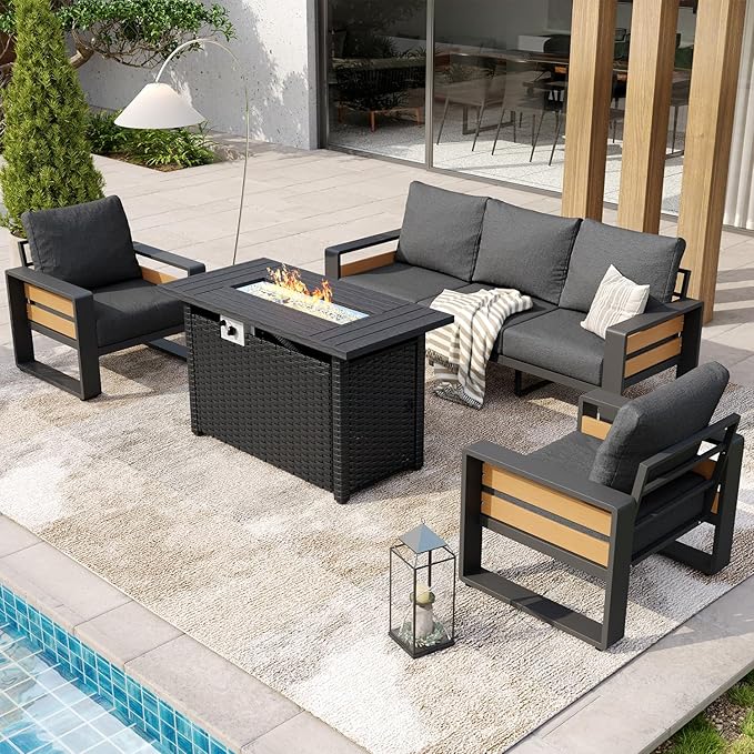 Aoxun Aluminum Patio Furniture Set with Fire Pit Table, 5 Seats Luxury Outdoor Sectional with 6" Olefin Fabric Cushions, Patio Conversation Sets with Outdoor Sofas for Backyard, Deck Dark Grey