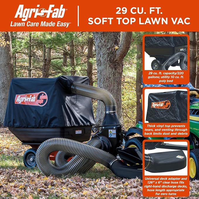 Agri-Fab Soft Top Mow-N-Vac Tow Behind Lawn Vacuum, 29 Cu Ft Leaf and Grass Collection System with 208cc Engine