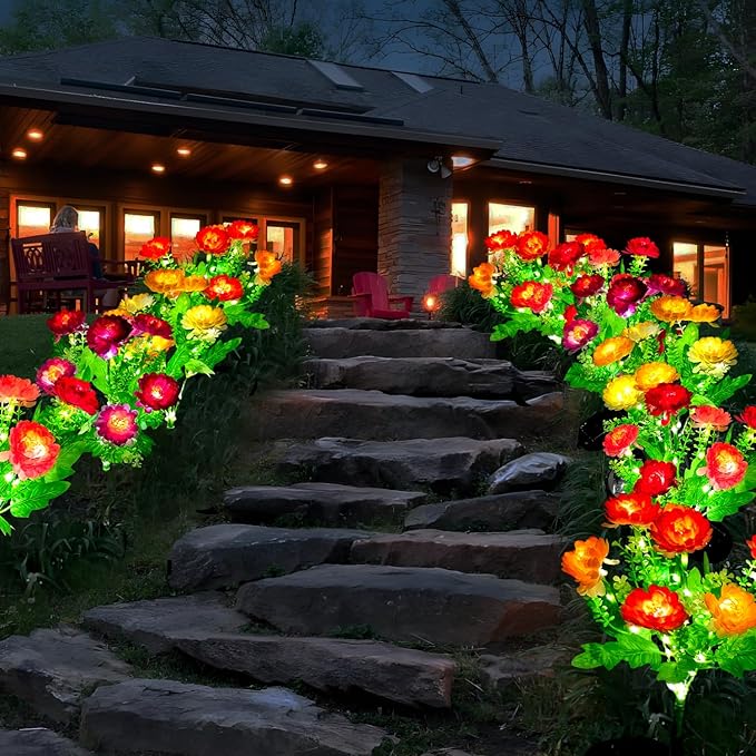 Solar Flowers Lights, 2 Pack Solar-Powered Outdoor Light with 14 Blooming Flowers, Waterproof Lights for Outside Yard, Garden, Pathway, Walkway, Patio, Lawn, Cemetery, Grave Decor
