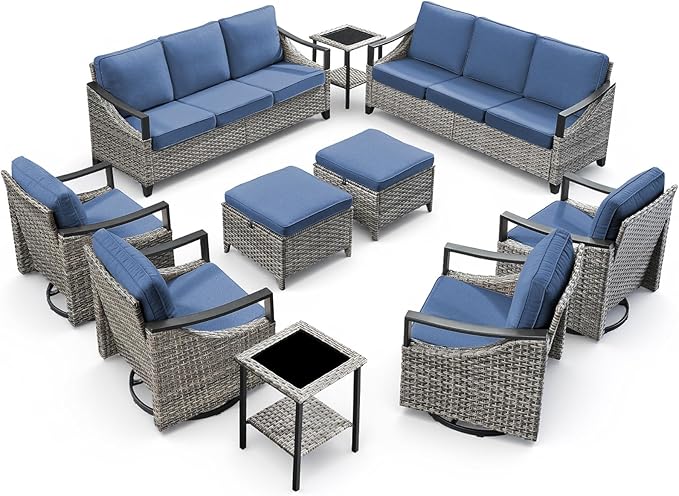 10 Piece Wicker Patio Furniture Sets-High Back Wicker Swivel Rocker Patio Chairs Set of 4 with Thick Cushions Ottomans, Outdoor Sofa, Patio Conversation Sets for Porch Balcony Patio Deck Grey/Blue
