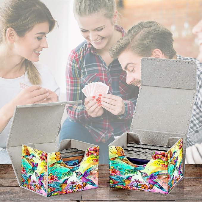 Card Deck Box for MTG, Cards Storage Box Fits 120+ Sleeved, Leather Small Size Strong Magnetic Closing Card Case for Board Games Magic TCG CCG Baseball Collection, Four Birds Flowers