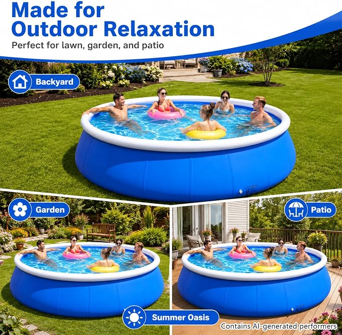 6 FT Inflatable Swimming Pool for Family, Round Blow Up Pool for Adults, Garden/Lawn, Foldable Storage,Strong and Durable, No Assembly