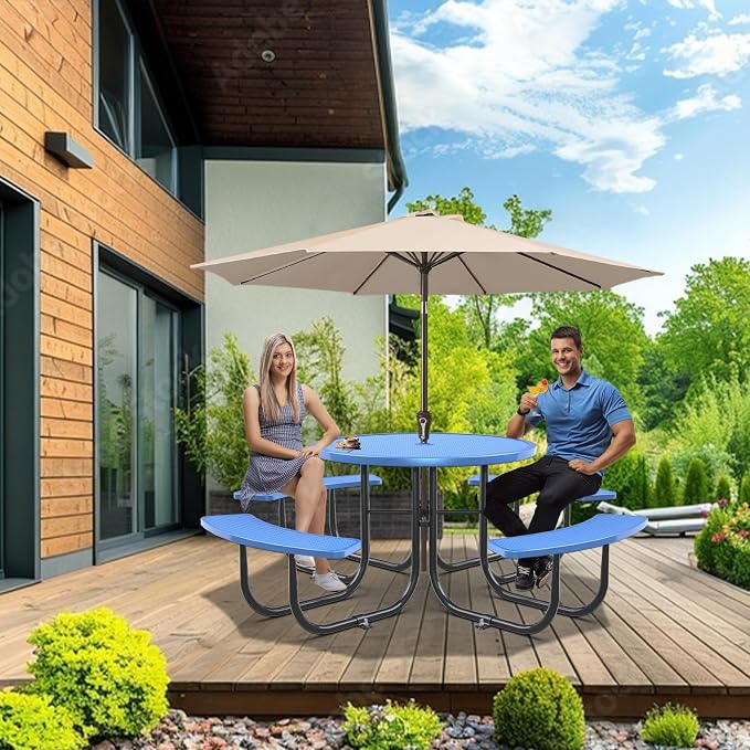 KEIKI 78.7" Heavy-Duty Metal Picnic Table w/2.05" Umbrella Hole, Round Commercial Outdoor Steel Table for 4–8 People, 2.5mm Mesh Top, Rust-Resistant Coating, Patio Backyard Park Dining Furniture, Blue