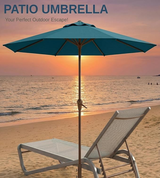 10FT Patio Umbrella, Outdoor Umbrella with Push Button Tilt and Crank, 8 Sturdy Ribs, UV Protection & Waterproof Market Umbrella for Pool, Backyard, Beach,Deck (Lake Blue)