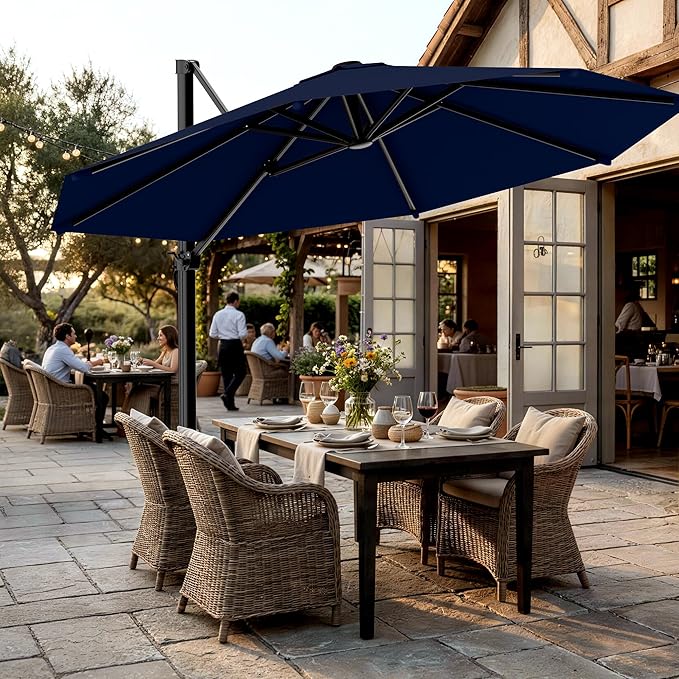 AreShark 11FT Cantilever Patio Umbrella, 360-Degree Rotation Round Hanging Offset Umbrella with Crank, Heavy Duty Patio Umbrella for Patio, Pool, Garden, Deck, Navy