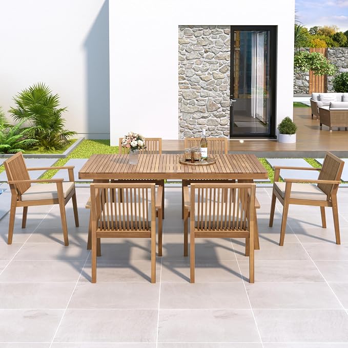 Merax 7 Piece Patio Furniture Set, Acacia Wood Outdoor Dining Set with 1 Table & 6 Heavy-Duty Cushioned Chairs for Porch, Backyard, Garden, Poolside, Indoors, Easy Assembly, Brown