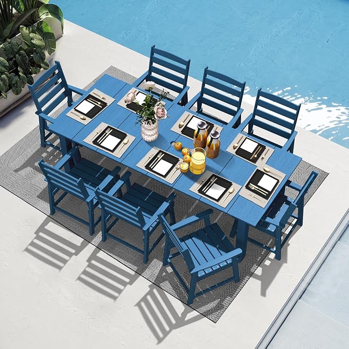 LOUNZY 9 Pieces Patio Dining Sets, 90'' Table Outdoor HDPE Furniture Set w/ 2" Hole Cut-Out Dining Table with 8 Patio Chairs for Lawn, Pool and Yard, Navy
